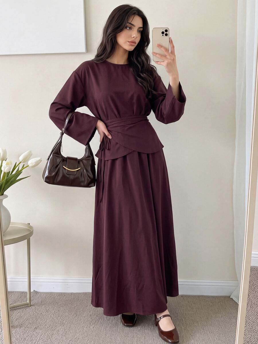 Solavon Women's Solid Color Round Neck Long Sleeve Side Knot Elegant Arabian Dress - Brown - View 1