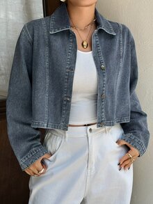 Dazy Plus Washed Denim Cropped Short Sleeve Collared Top Street Style Plus Size Women Spring Summer Blogger Denim Shirt - Medium Wash - View 8
