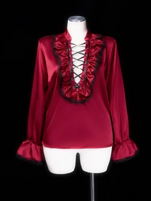 Sunspun Medieval Light Punk Y2K Vintage Ruffle Lace Tie Metal Heavy Work Halloween COS Self-Matching Women's Autumn/Winter Best-Selling Pullover Inner Layer Long Sleeve Top Plus Size Blouse - Burgundy - View 7