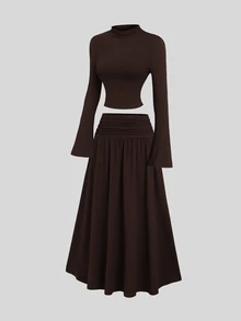 Sweetra Women's New Spring Summer Autumn Winter Outfit Half-High Neck Solid Color Top And Ruched Waist Skirt Set, Suitable For Travel, Commuting, Shopping, Dating, Dining, Versatile 2-Piece Set - Brown - View 14