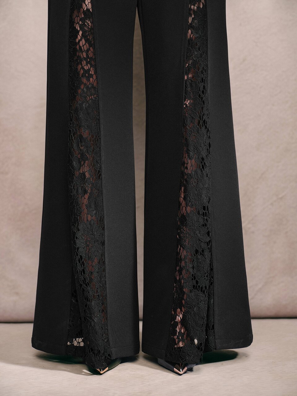 Elegant Black High-Waist Hollow Lace Patchwork Wide Leg Pants For Women, Suitable For Date And Office Wear