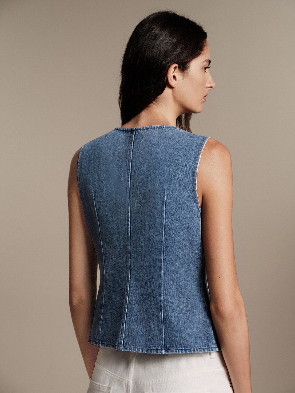 Anewsta Essential Spring/Summer Commute French Style Denim Waist-Cinching Sleeveless Light Blue Vest