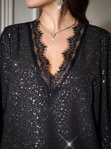Reflora Plus Size Women's V-Neck Lace Patchwork Fashion Versatile Blouse Fall - Black - View 2