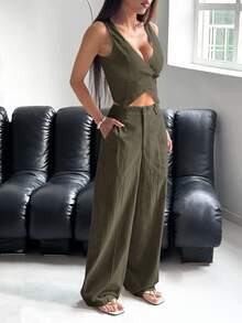 SHEIN EZwear 女款單扣背心與長褲套裝，純色，秋冬款 - 軍綠色 - 查看 6
