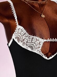Amplova Women's Lace Patchwork Knit Dress, Backless Sexy Style, Suitable For Boudoir Wear, Sexy - Black - View 9