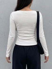 Dazy Star Autumn Casual Versatile Solid Color Long Sleeve T-Shirt - White - View 4