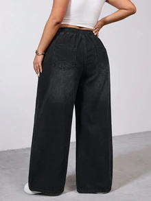 SHEIN PETITE CURVE 大尺碼休閒水洗寬腿牛仔褲 - 黑色 - 查看 2