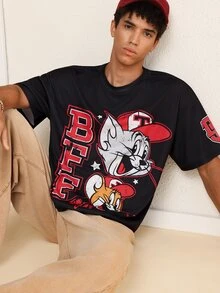 TOM & JERRY X SHEIN Men's Summer Casual Cartoon Print T-Shirt - Black - View 5