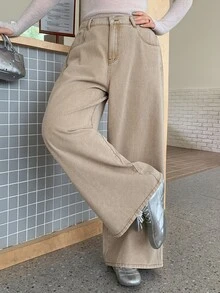 Dazy Plus Women's Vintage Washed Distressed High Waist Slimming Loose Casual Straight Leg Floor Length Denim Jeans - Apricot - View 7