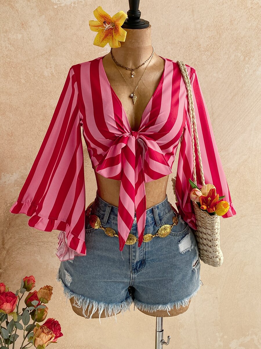 Soleia Women's Striped Front Knot Bell Sleeve Fashion Cropped Shirt - Pink - View 1