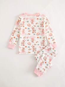 SHEIN 女嬰可愛修身卡通圖案居家服套裝 - 粉色 - 查看 2