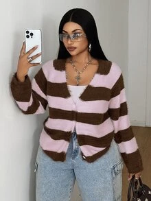 Maweii Cardigan Rajut Wanita Ukuran Besar, Garis-Garis Multiwarna, Hangat, Potongan Longgar, Kasual, Musim Gugur/Dingin - MultiWarna - View 1