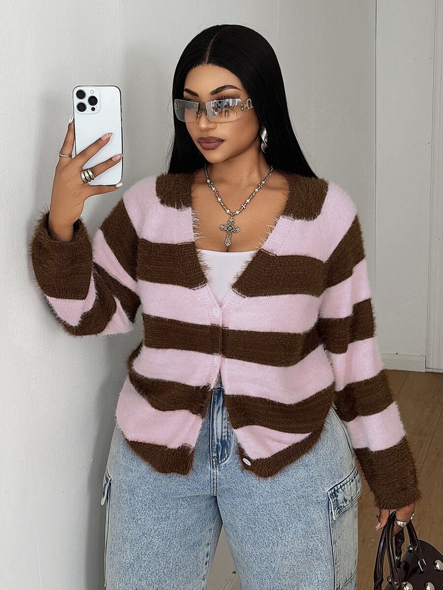 Maweii Cardigan Rajut Wanita Ukuran Besar, Garis-Garis Multiwarna, Hangat, Potongan Longgar, Kasual, Musim Gugur/Dingin - MultiWarna - View 1
