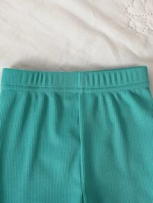 SHEIN 新生女嬰休閒甜美3D花朵衛衣與羅紋長褲套裝 - 綠色 - 查看 9
