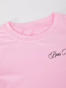 SHEIN 女童休閒舒適修身長袖T恤與舒適鬆緊腰寬腿寬鬆長褲2件套 - 粉色 - 查看 7
