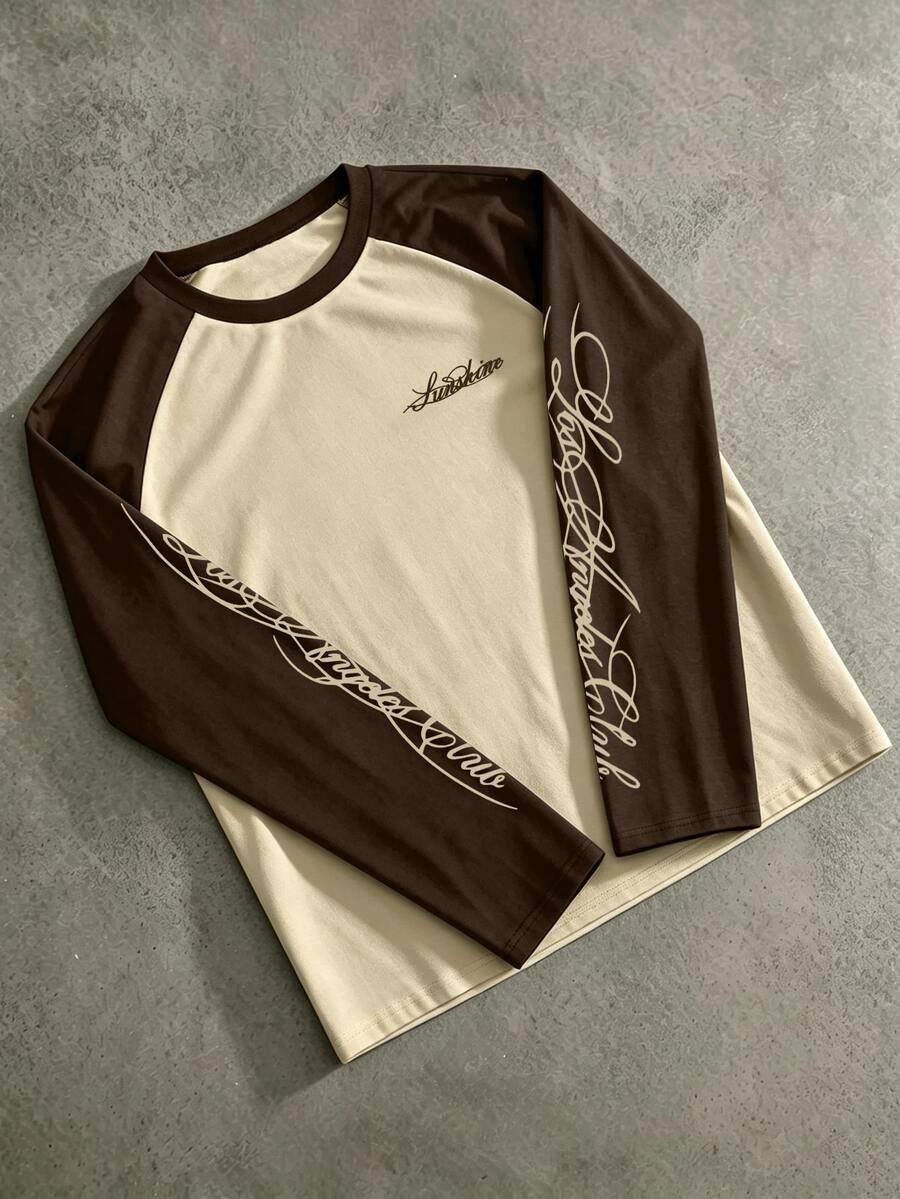 Coolqubz 1pc Men's Teen Streetwear Colorblock Fashion Pullover Crew Neck Raglan T-Shirt, Eye-Catching Colorblock Design, Comfortable Fabric, Suitable For Streetwear And Sports Casual Outfits, Spring/Autumn New Style, Suitable For Multiple Seasons - Khaki - View 1