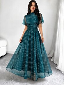 Modelyn Women's Fashionable Blue Polka Dot Pattern Semi-High Neck Ruffle Short Sleeve French Style Long Dress, Waist Pleated Design Slimming And Flattering, Coffee Color Mesh Dress, Suitable For Daily Wear And Vacation Outfits In Spring And Summer - Multicolor - View 4