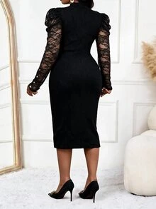 SHEIN Lady Plus Size Elegant Lace Patchwork Fitted Dress - Black - View 2