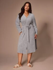 Lazeform Plus Size Women's Comfortable Casual Gray Brushed Ribbed Robe - Grey - View 7