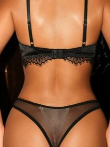 Divavoom 1 pieza Tanga sexy de mujer con encaje, patchwork y recortes - Negro - Ver 2