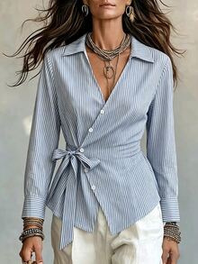 SHEIN Fashionable Elegant Lapel Ribbon Waist-Cinching Button Decor Daily Wear Date Casual Blouse Women's Outing Top - Blue - View 2