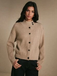 Poéselle Cardigan Rajut Bergaris Lembut Warna Cokelat Muda untuk Wanita, Kerah Tegak Nyaman, Kancing Depan Asimetris, Jaket Sweater Musim Gugur Lengan Panjang dengan Bahu Longgar, Cocok untuk Mendaki Sehari-hari - Khaki - View 10