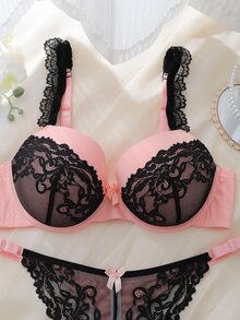 DelicateAllure 2pcs Pink Underwire Molded Cup High Support Lace Patchwork Sheer Romantic Elegant Plus Size Lingerie Set - Pink - View 4