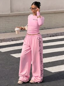 SHEIN 女童休閒舒適修身長袖T恤與舒適鬆緊腰寬腿寬鬆長褲2件套 - 粉色 - 查看 1