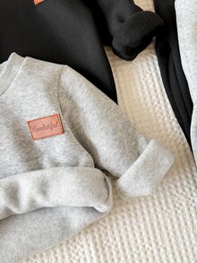 SHEIN Playful Pals 2件組男嬰幼兒運動衫運動長褲套裝，可愛學院風，黑灰色皮革貼布，羅紋袖口，長袖圓領，加厚戶外秋季連身衣 - 彩色 - 查看 6