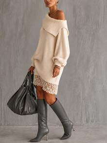 SHEIN Women's Autumn/Winter Thick Knit Off-Shoulder Off-Shoulder Sweater Dress - Apricot - View 3