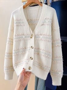 GlowEve CURVE V-Neck Wavy Colorful Striped Loose Single-Breasted Long Sleeve Cardigan - White - View 1