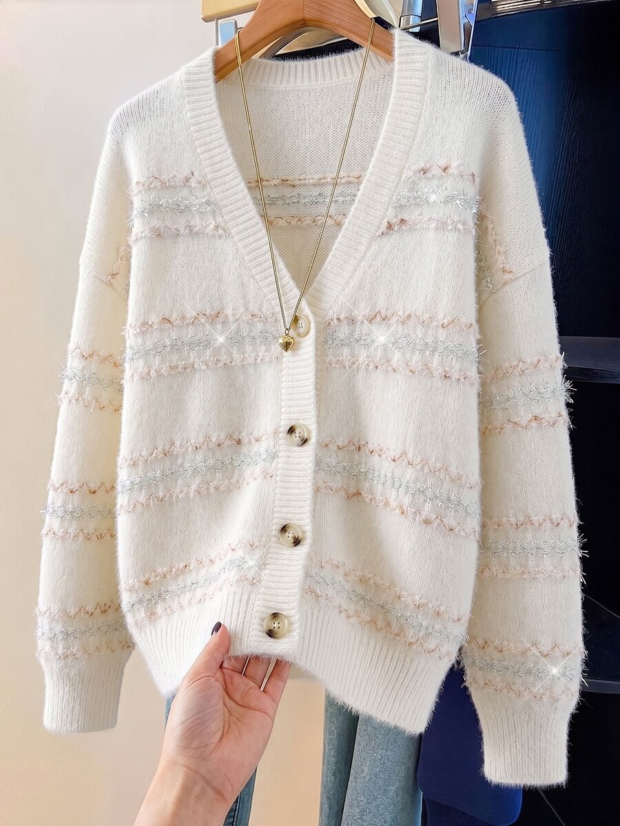 GlowEve CURVE V-Neck Wavy Colorful Striped Loose Single-Breasted Long Sleeve Cardigan - White - View 1