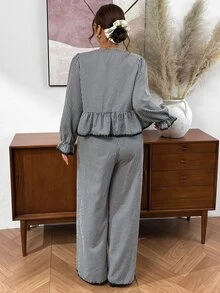 SHEIN Frenchy Plus Size Women's Plaid Pleated Long Sleeve Top And Pants Casual Daily 2 Pieces Set Elegant Daily Office Business Work Sets For Women Fall/Winter - Black and White - View 4