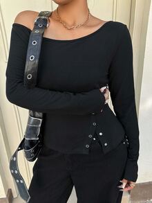 Dazy Plus Solid Color Cropped Fitted Side Slit Off-Shoulder Black Sexy Long Sleeve T-Shirt - Black - View 6