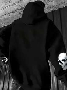 Manfinity Dauomo 男士新款萬聖節秋季街頭休閒萬聖節骷髏火焰印花連帽衛衣 - 黑色 - 查看 2