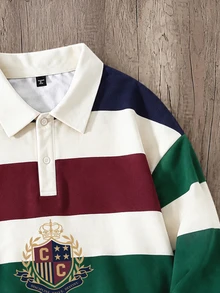Manfinity Joysei Men's Casual Collegiate Striped Button Collar Pullover Sweatshirt - Multicolor - View 3