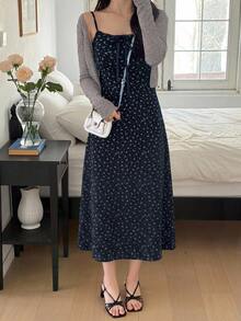 DAZY Women's Solid Color Long Sleeve Open Front Top And Ditsy Floral Cami Dress Elegant 2 Pieces Set Fall - Navy Blue - View 1