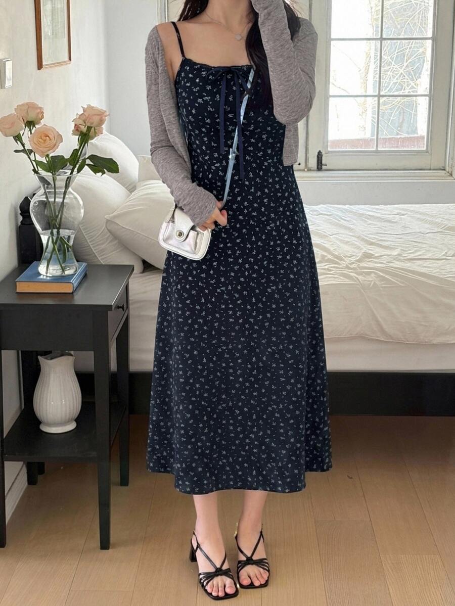 DAZY Women's Solid Color Long Sleeve Open Front Top And Ditsy Floral Cami Dress Elegant 2 Pieces Set Fall - Navy Blue - View 1
