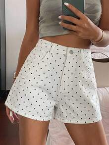DAZY 女款波點圖案高腰口袋休閒牛仔短褲 秋季 - 黑與白 - 查看 1