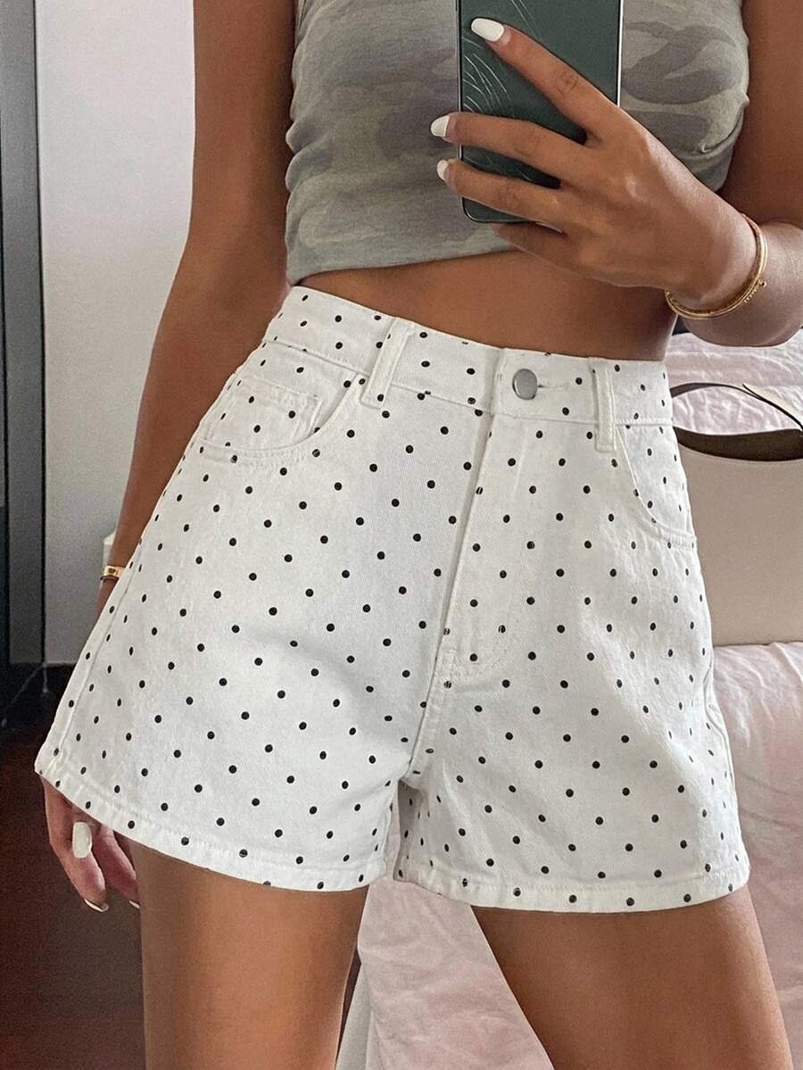 DAZY 女款波點圖案高腰口袋休閒牛仔短褲 秋季 - 黑與白 - 查看 1