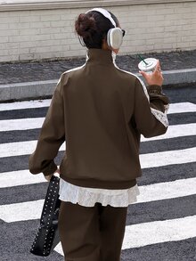 Muchica 女款青蛙鈕扣設計拉鍊門襟對比蕾絲夾克 - 巧克力棕 - 查看 3