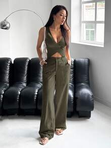 SHEIN EZwear 女款單扣背心與長褲套裝，純色，秋冬款 - 軍綠色 - 查看 5