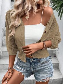 SHEIN Holidaya Casual Versatile Solid Color Cropped Cardigan - Mocha Brown - View 5
