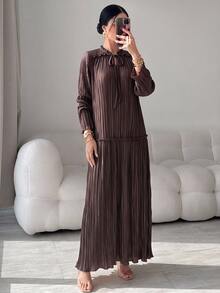 Yasmyna Women's Solid Color Ruffle Tie Neck Long Sleeve Elegant Arabian Dress - Brown - View 4