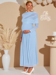 Loomaby Maternity Gentle Versatile Mesh Long Sleeve Dress Gender Reveal Baby Shower Fall Photoshoot Baby Blue Elegant Romantic Sexy Chic - Baby Blue - View 1