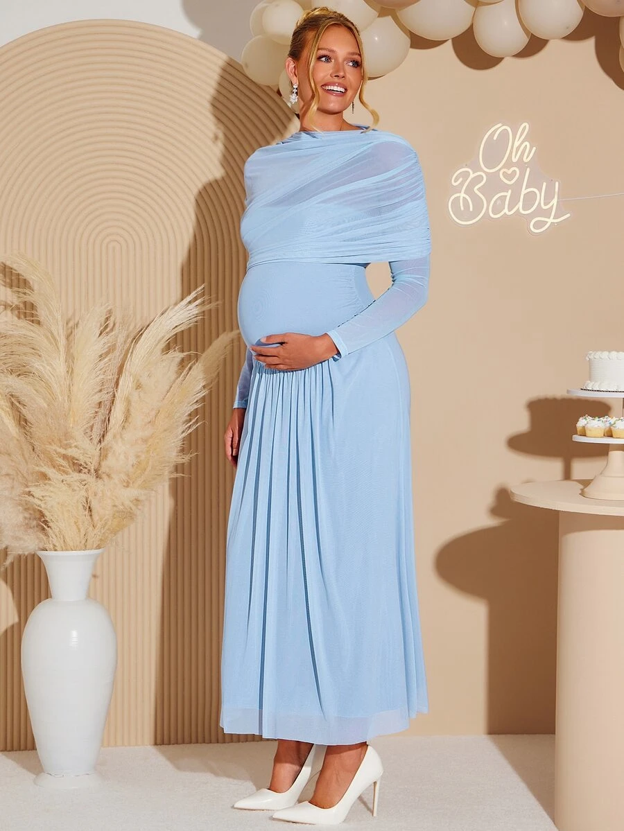 Loomaby Maternity Gentle Versatile Mesh Long Sleeve Dress Gender Reveal Baby Shower Fall Photoshoot Baby Blue Elegant Romantic Sexy Chic - Baby Blue - View 1