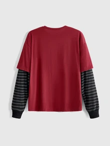 ROMWE Grunge Punk Women's Skull Print 2 In 1 Patchwork Casual Daily T-Shirt - Burgundy - View 2