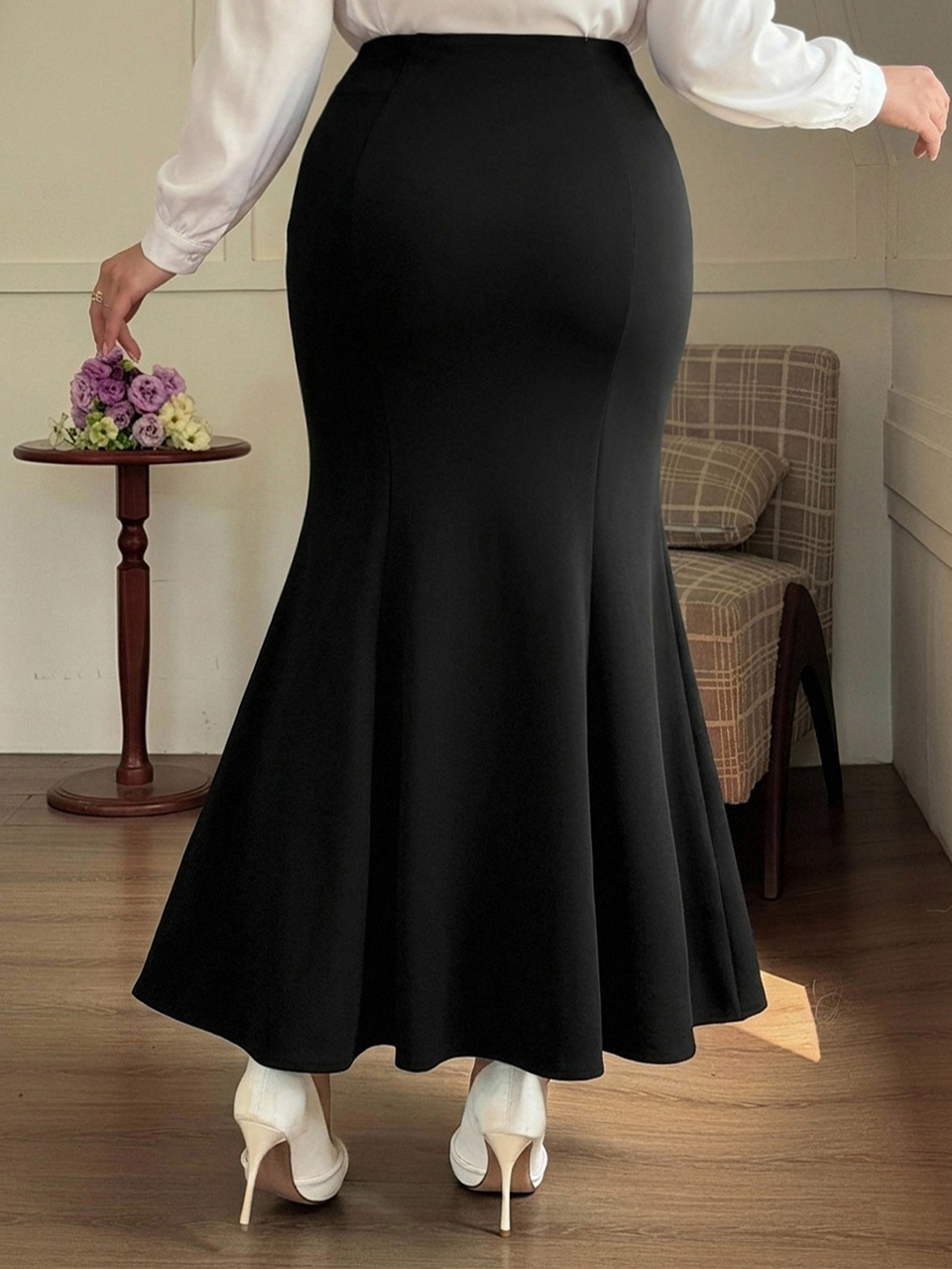 Dazy Plus Solid Color Wrap Fishtail Skirt Elegant & Versatile Commute Black Long Skirt Fall