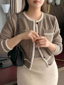 Dazy Plus Colorblock Patchwork Korean Style Loose Knit Cardigan Sweater, Autumn/Winter - Brown - View 3