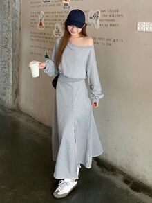 DAZY Women's Asymmetric Shoulder Casual Solid Color Long Sleeve Sweatshirt And Skirt 2 Pieces Set, Korean Style Fall - Grey - View 1